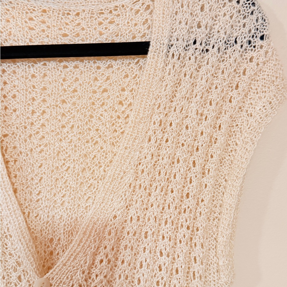 Vintage Cream Open Knit Button Front Sweater Vest Top Cap Sleeve - Picture 3 of 6